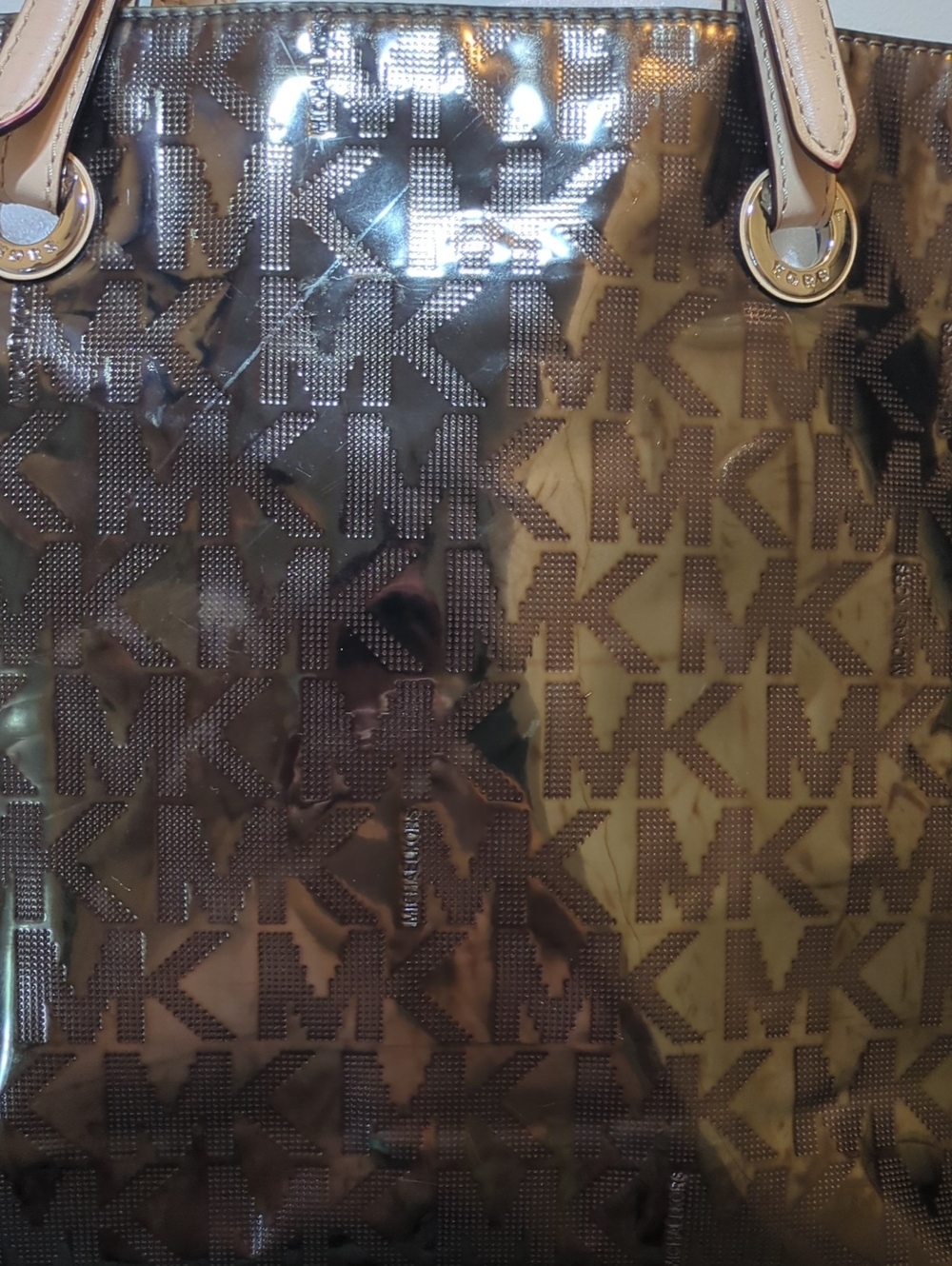 Michael Kors Brown Monogram Logo Patent Tote with Cream Straps - Picture 3 of 8